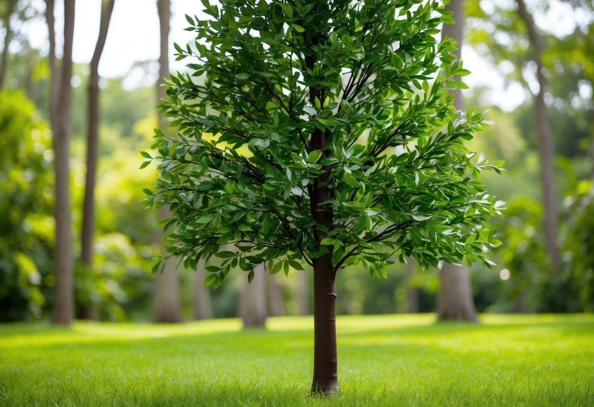 A faux tree stands tall in a lush forest, its synthetic leaves and branches blending seamlessly with the natural surroundings