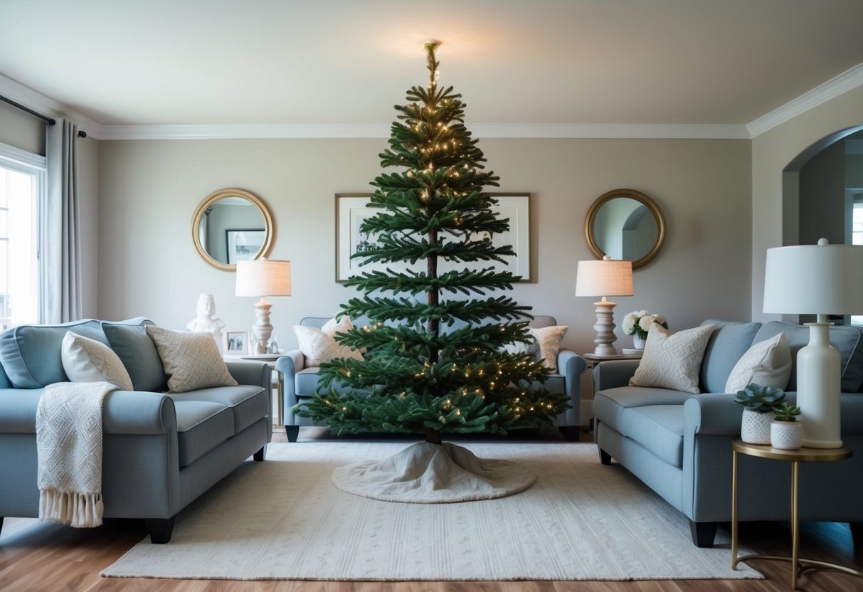 A serene living room with a faux tree as the centerpiece, surrounded by comfortable furniture and soft lighting