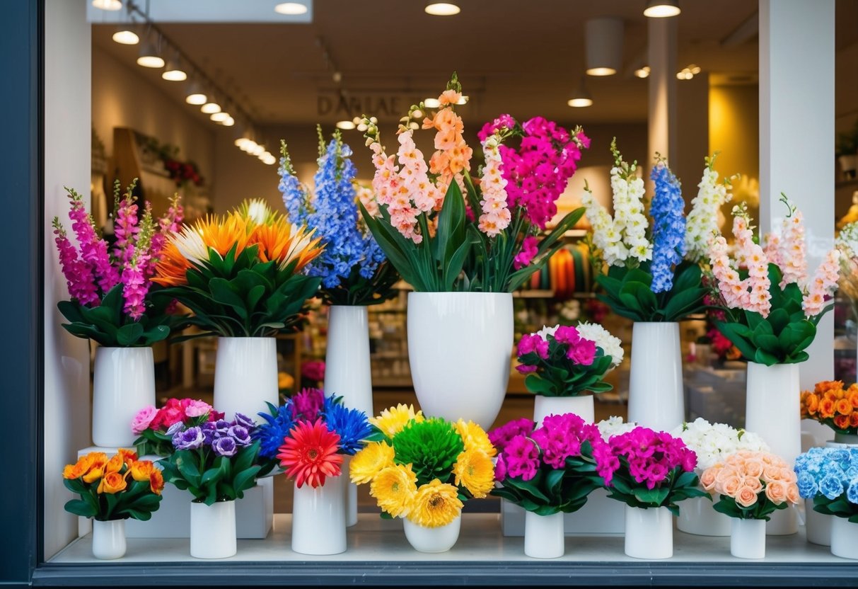 A vibrant display of artificial flowers in various colors and sizes arranged in a storefront window in Adelaide