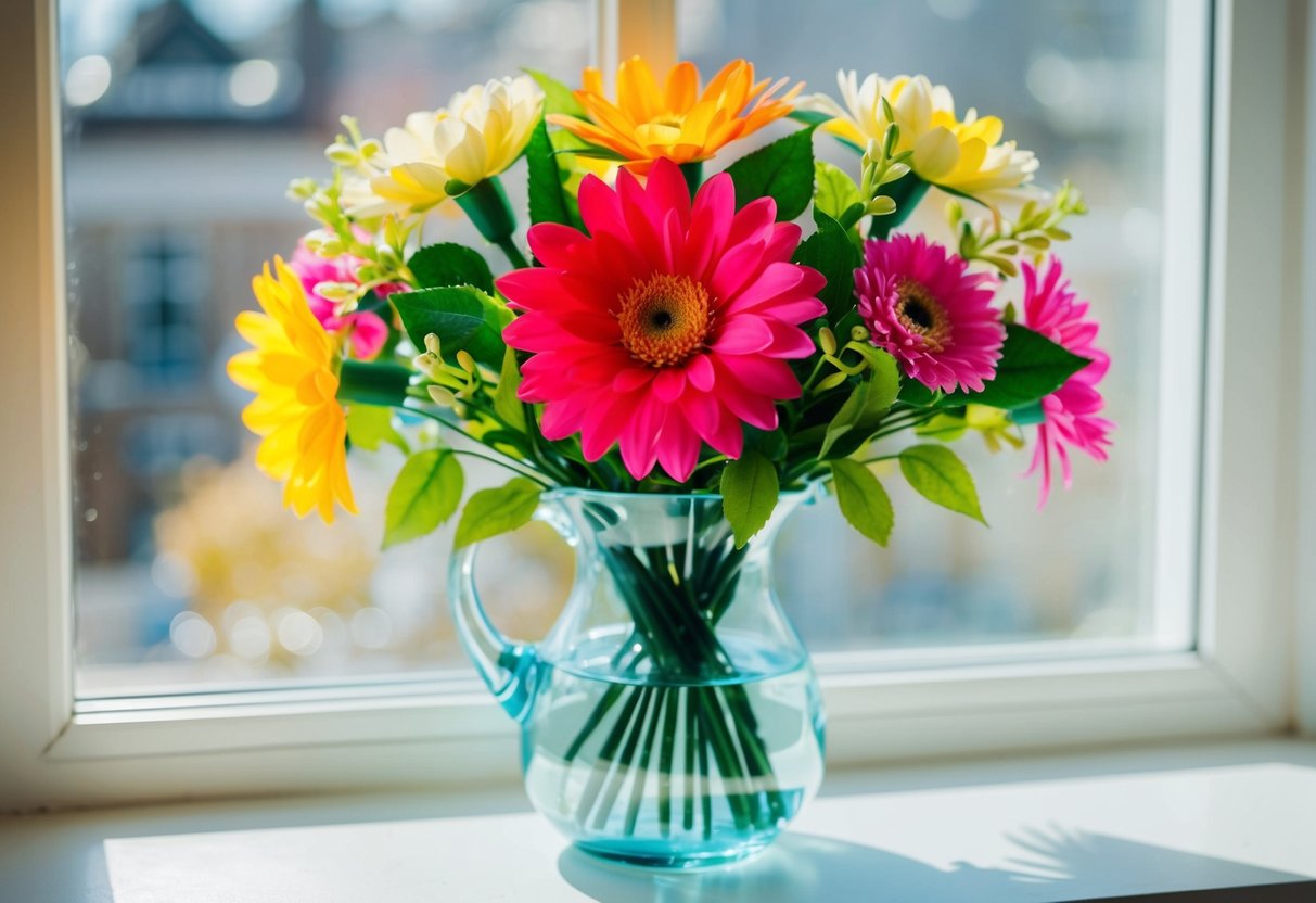 A vibrant bouquet of artificial flowers in a glass vase, sitting on a sunlit windowsill