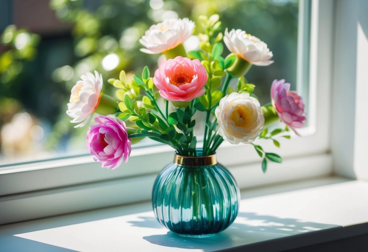 A vase of artificial flowers sits on a windowsill, catching the sunlight. The delicate petals and vibrant colors bring a touch of nature into the room