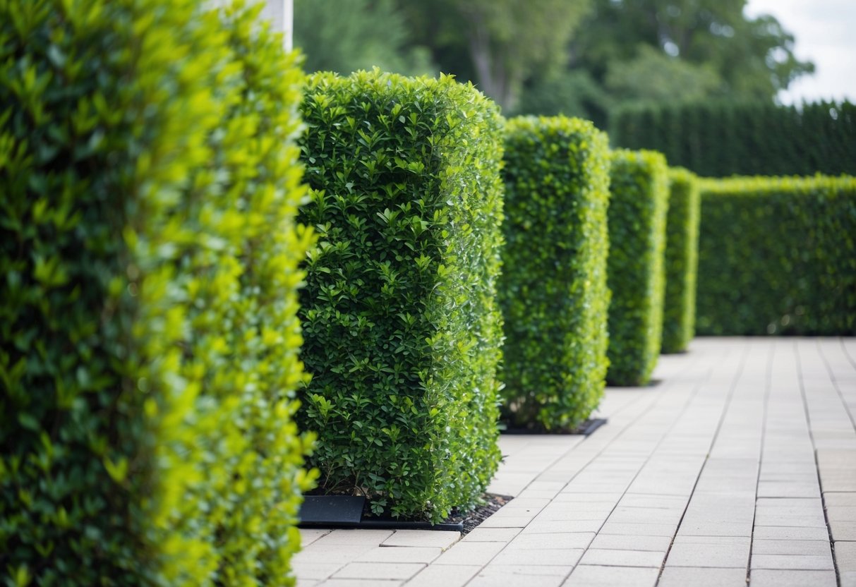 A row of artificial hedges lines a paved outdoor area, creating a green and manicured barrier. Tall and lush, they provide privacy and a touch of nature