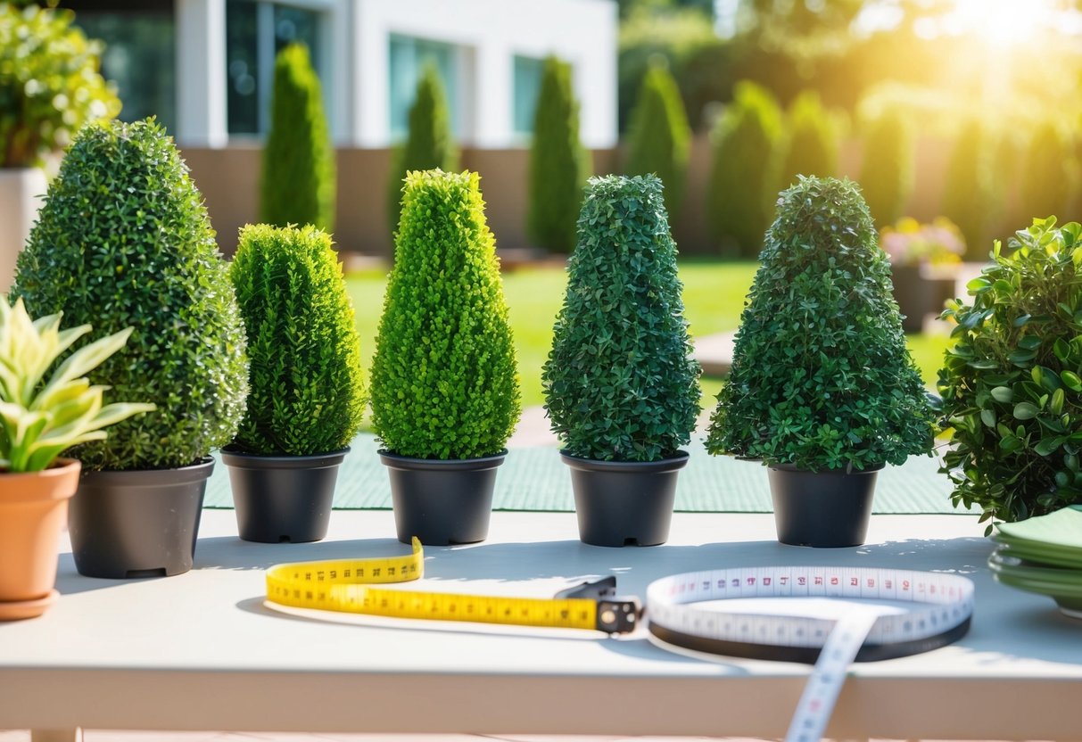 A sunny outdoor space with various types of fake hedges displayed on a table for comparison. A measuring tape and potted plants are nearby