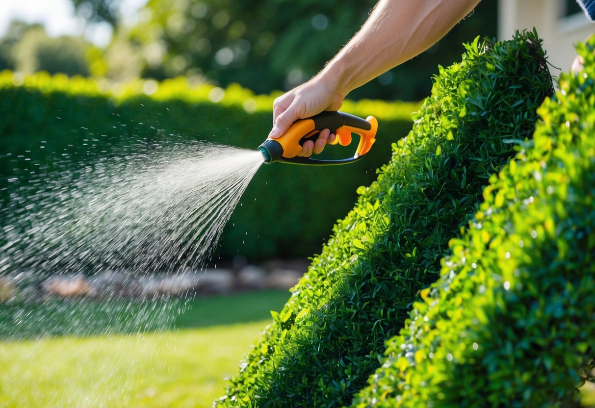 A gardener sprays water on outdoor fake hedges, wipes clean, and trims with shears