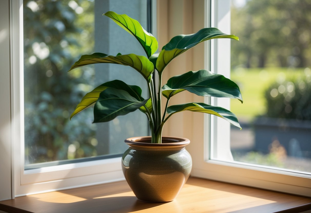 A fiddle leaf artificial plant sits in a tall ceramic pot on a sunlit windowsill