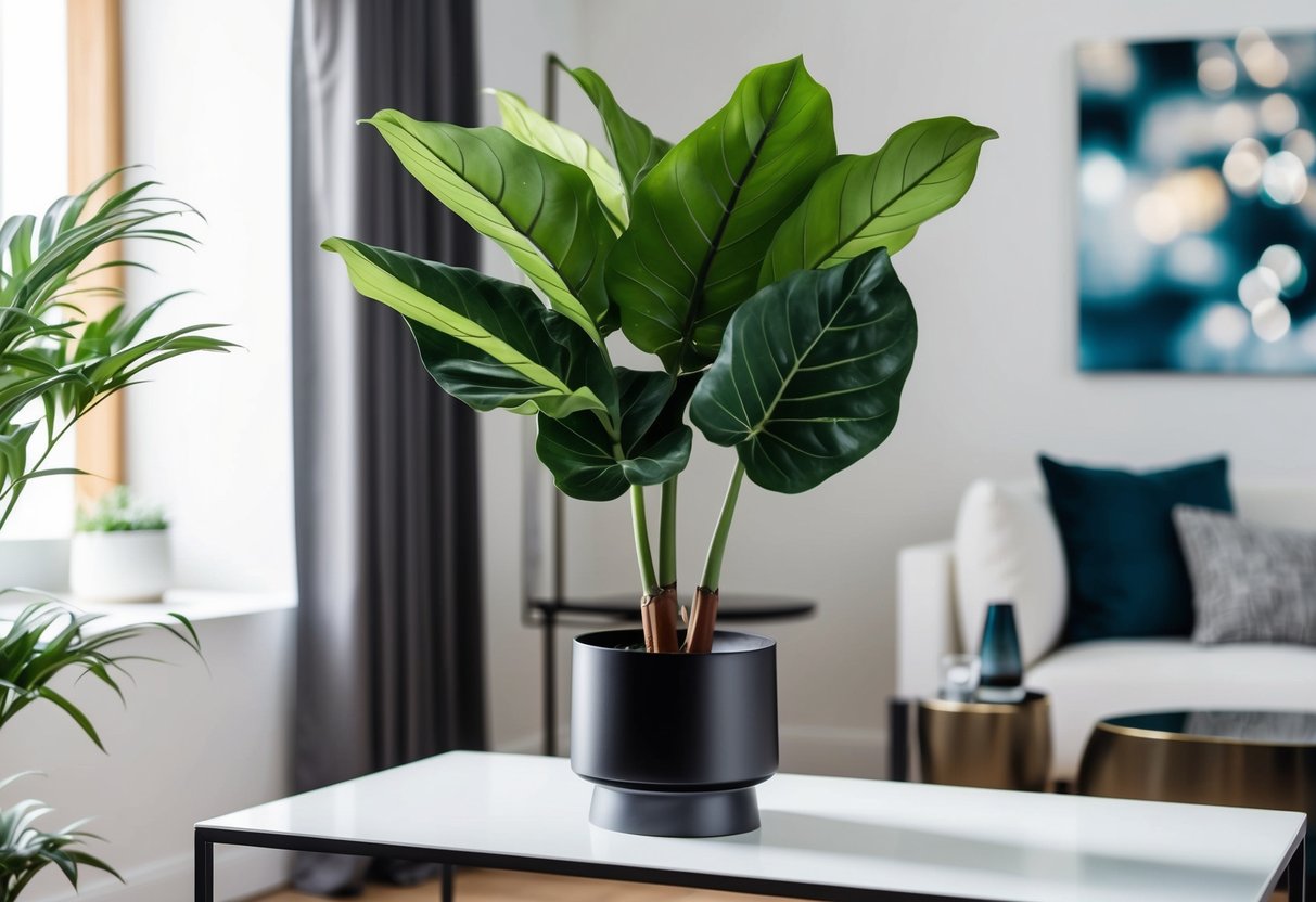 A fiddle leaf artificial plant sits on a sleek, modern stand, surrounded by minimalist decor and bathed in natural light