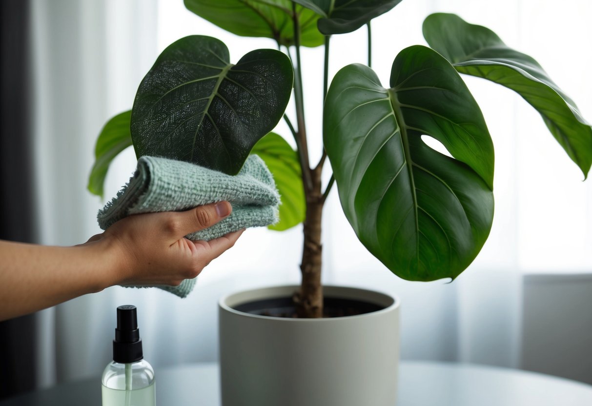 A hand dusts off a fiddle leaf artificial plant with a soft cloth, while a small spray bottle sits nearby for occasional misting