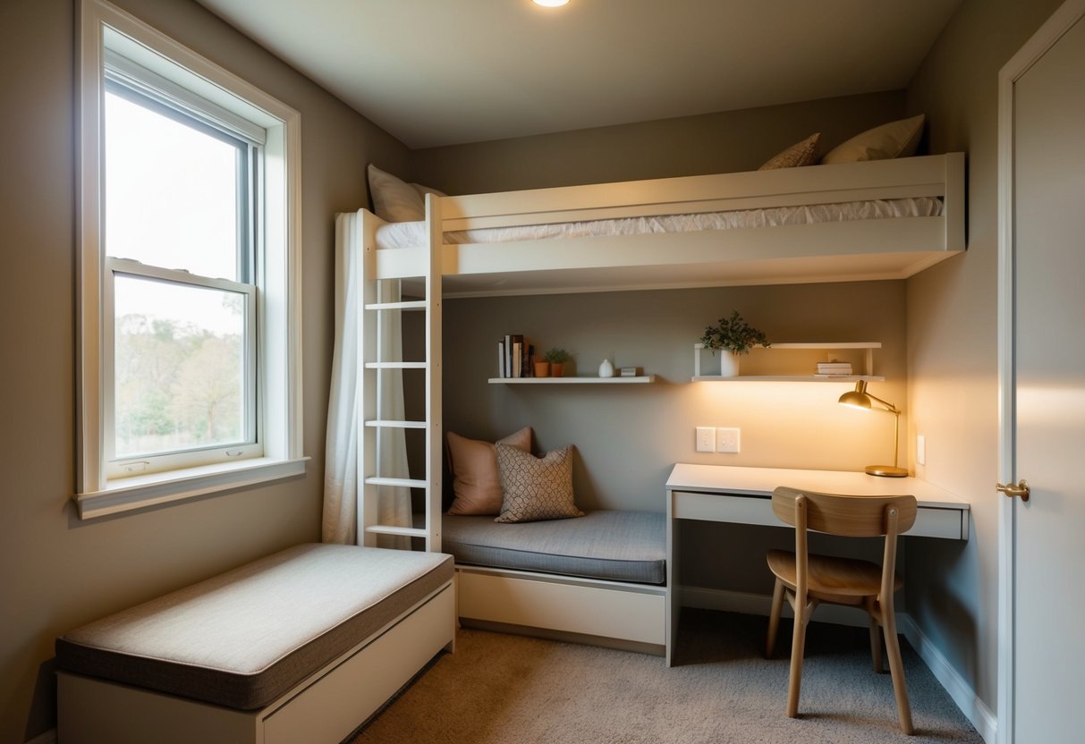 A cozy bedroom with a loft bed, wall-mounted shelves, a small desk, and a window seat with storage underneath. Warm lighting and neutral colors create a calming atmosphere