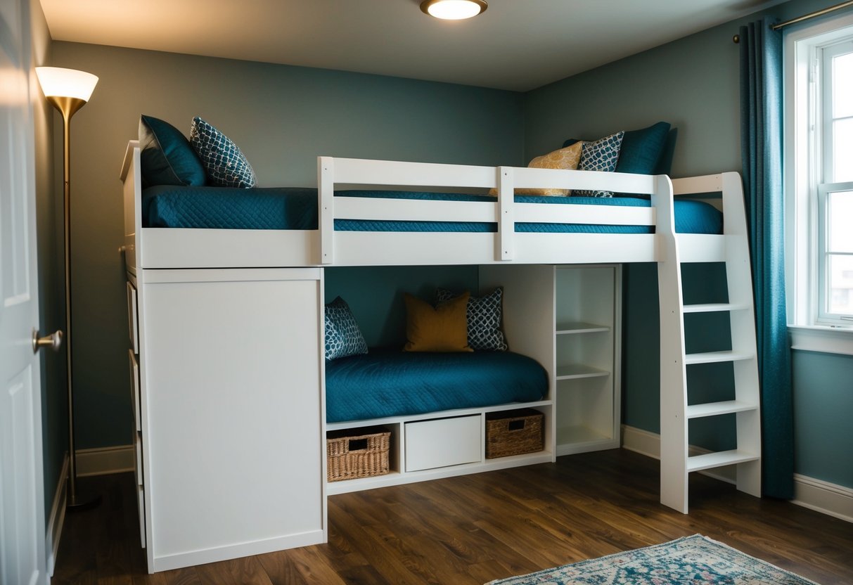 A lofted bed with built-in storage sits in a cozy, small bedroom. The bed is elevated, allowing for additional storage space underneath