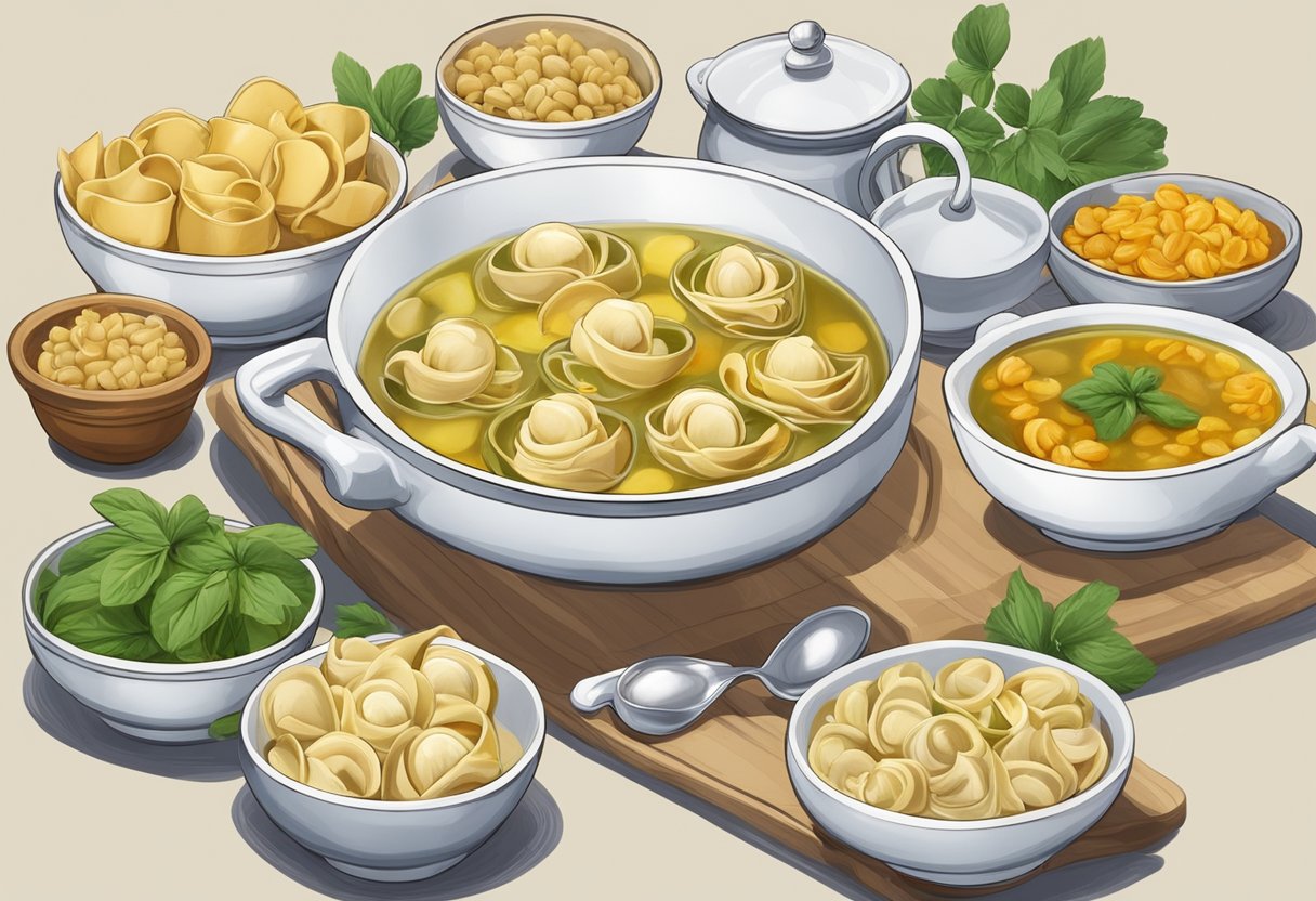 Una tavola apparecchiata con 10 ciotole di cappelletti in brodo, circondata da decorazioni tradizionali di Faenza