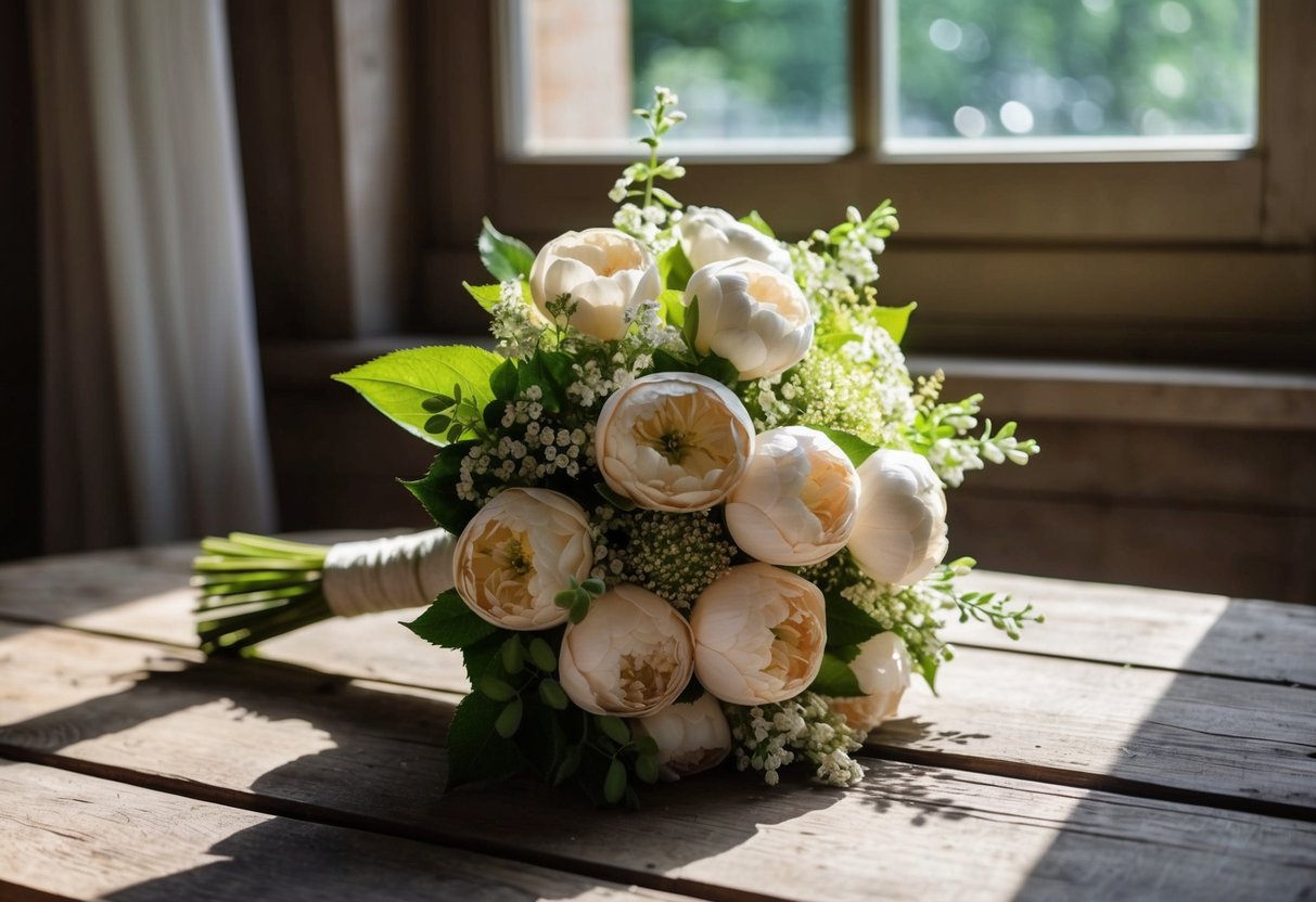 A silk flowers bouquet sits on a rustic wooden table. Sunlight filters through a nearby window, casting soft shadows on the delicate petals