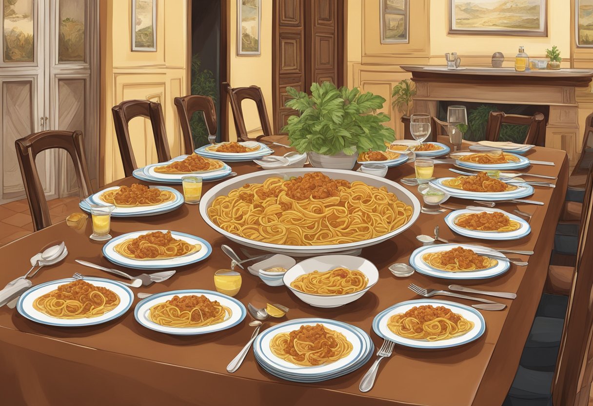 Un tavolo apparecchiato con 10 piatti di tagliatelle al ragù in un ristorante italiano tradizionale a Faenza