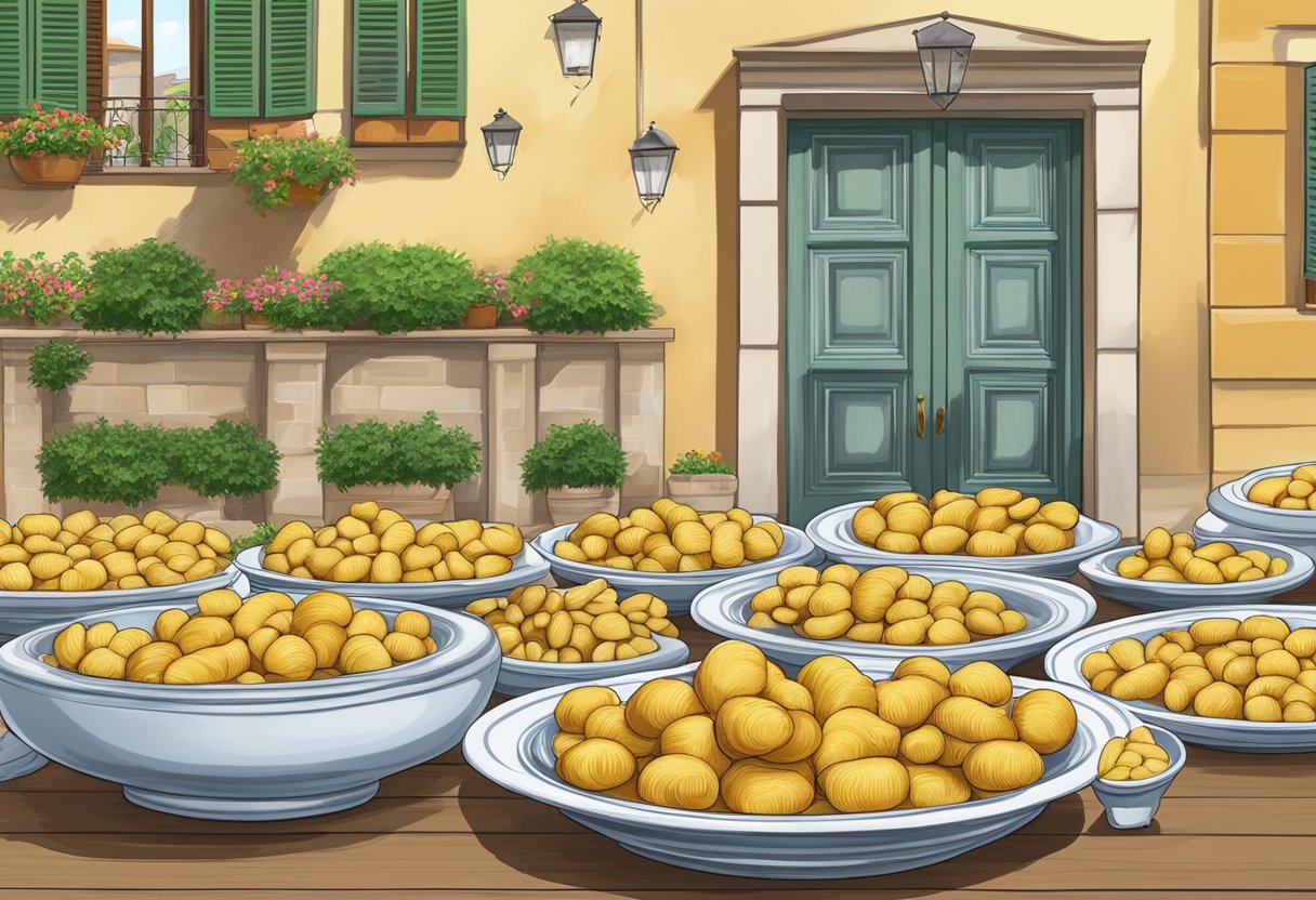 Una tavola imbandita con 10 piatti di gnocchi di patate nella città di Faenza, Italia