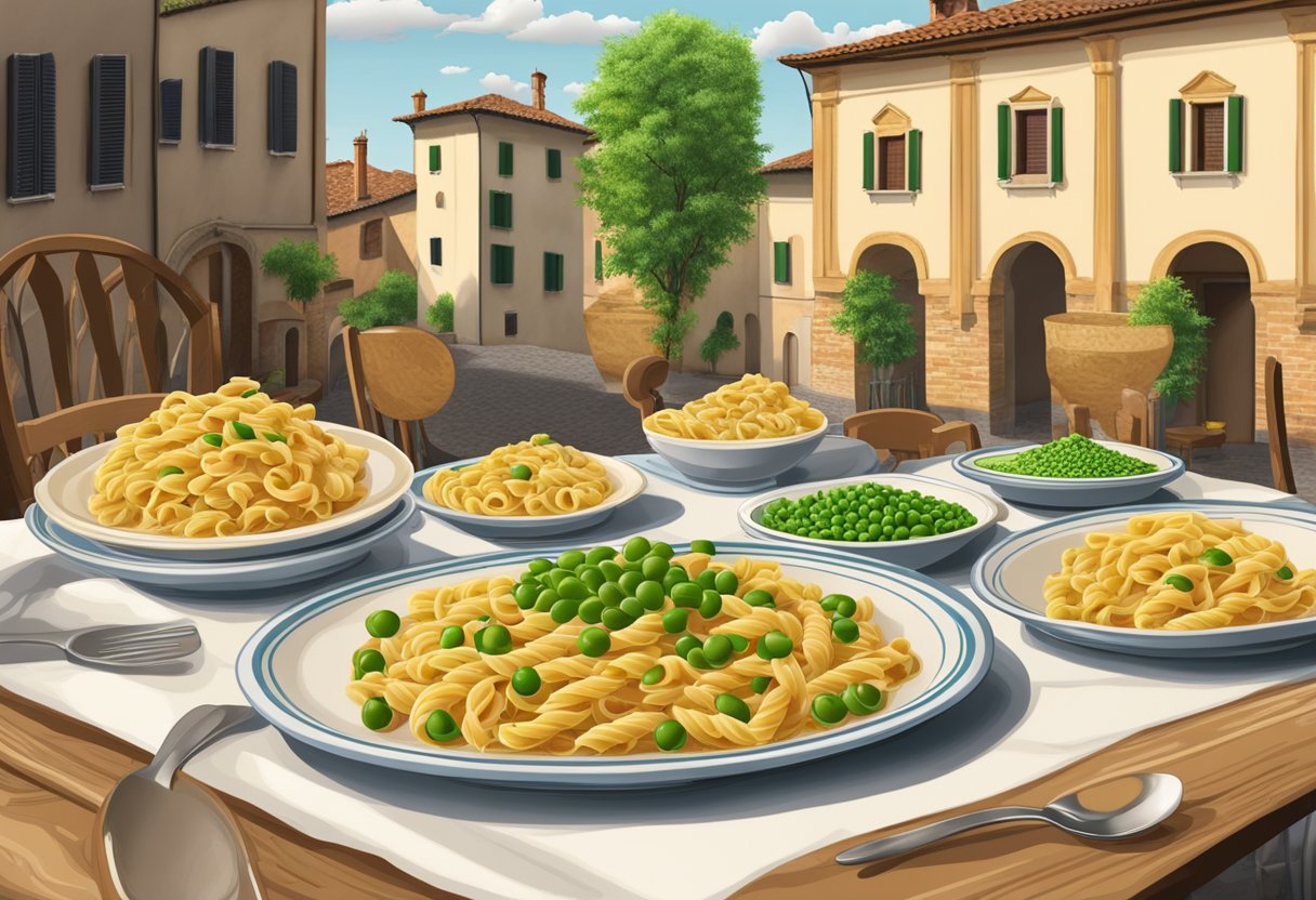 Un tavolo apparecchiato con dieci piatti di pasta Strozzapreti con salsiccia e piselli, circondato dall'architettura tradizionale di Faenza