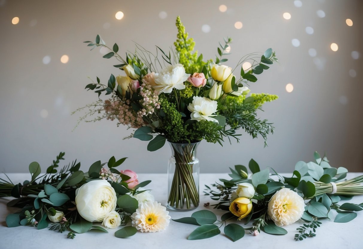 A table with assorted silk flowers, floral wire, and greenery arranged for creating a bouquet