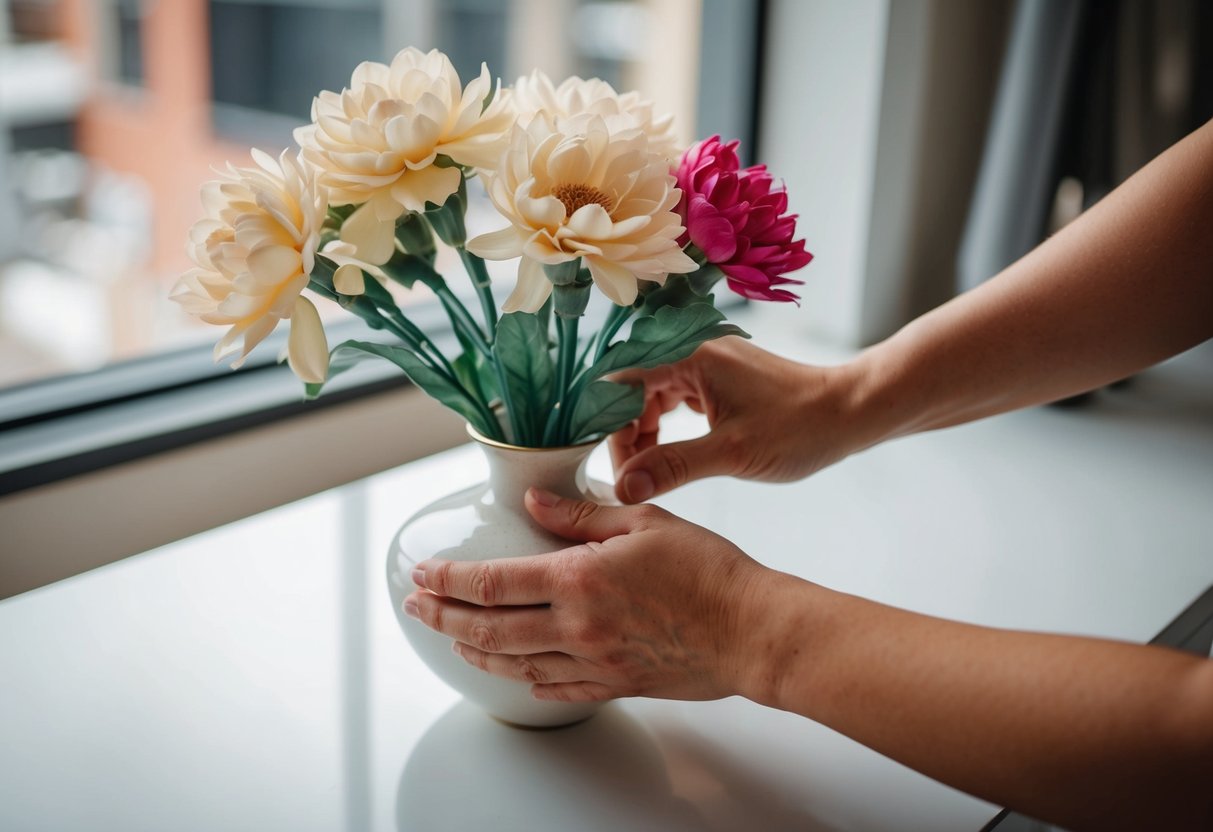 A pair of hands gently arranging silk flowers in a vase