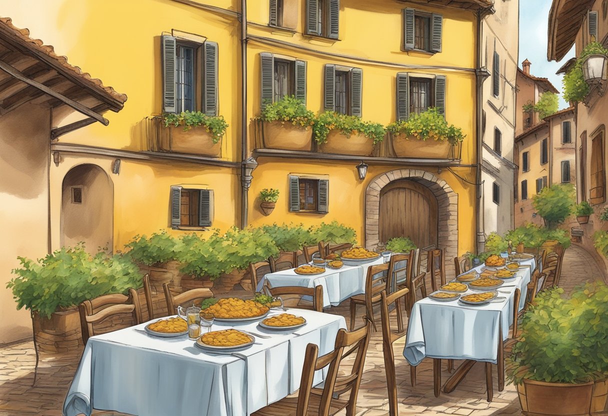 Un tavolo rustico apparecchiato con 10 piatti di polenta con ragù di cinghiale nella affascinante città di Faenza