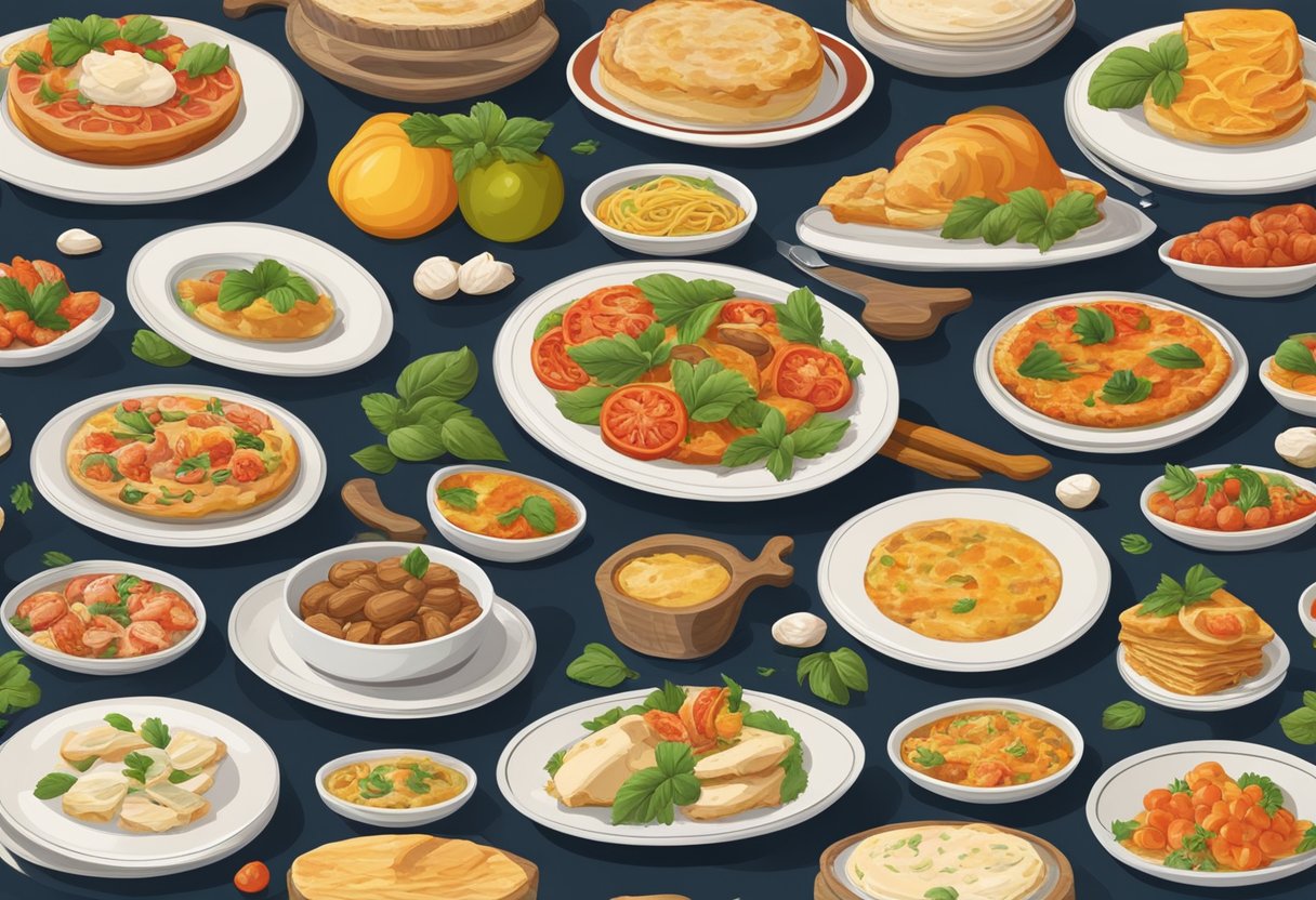 Una tavola apparecchiata con 10 piatti tradizionali di Bracciatello di Faenza, che mostrano le delizie culinarie locali in una vivace e appetitosa esposizione