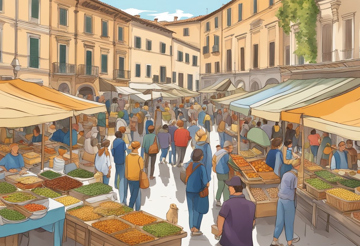 Un vivace mercato all'aperto a Faenza, con bancarelle colorate che vendono piatti tradizionali italiani. Le persone assaggiano e gustano vari piatti della cucina locale.