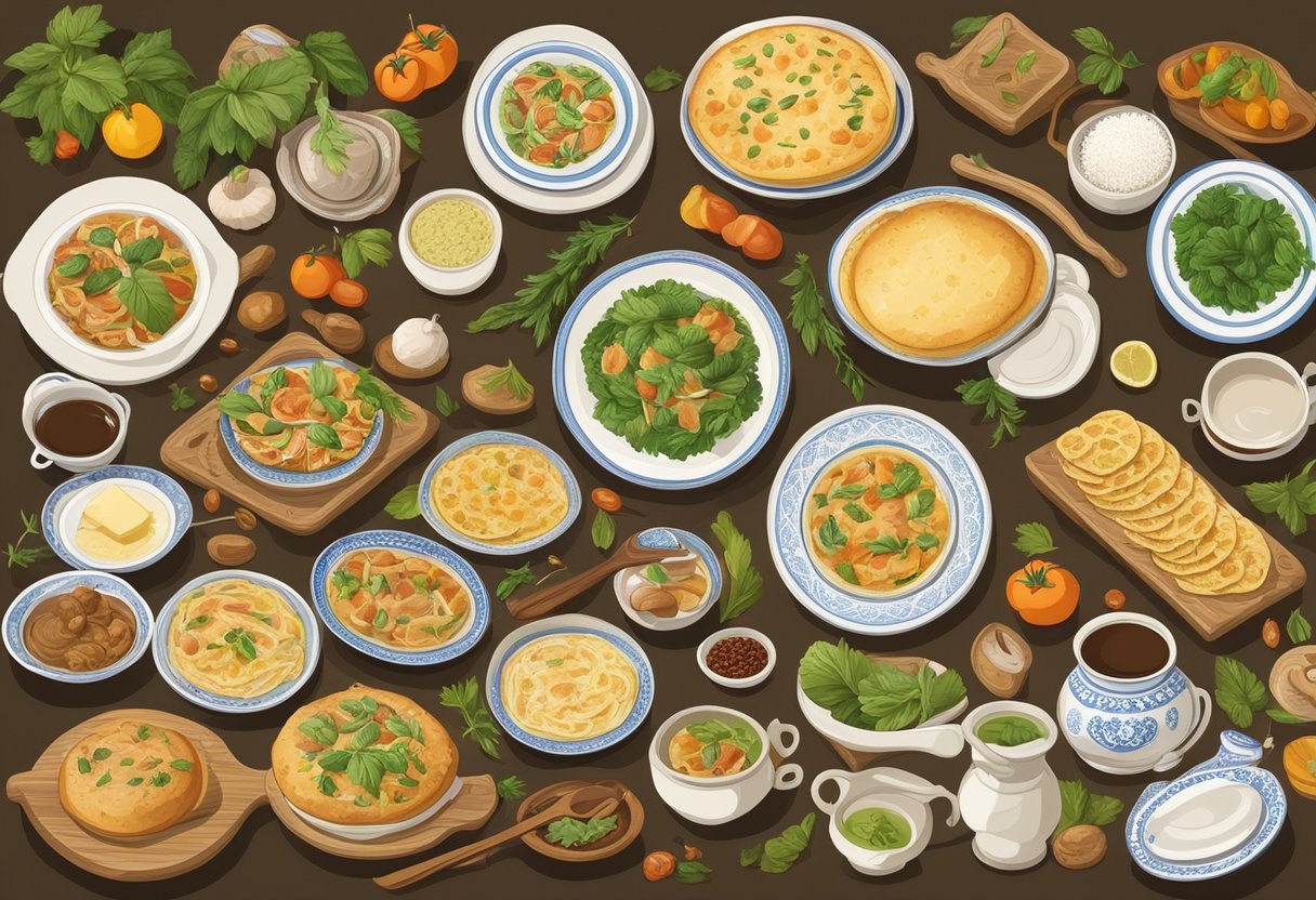 Una tavola apparecchiata con 10 piatti tipici di Faenza, circondata da utensili da cucina tradizionali e ingredienti locali