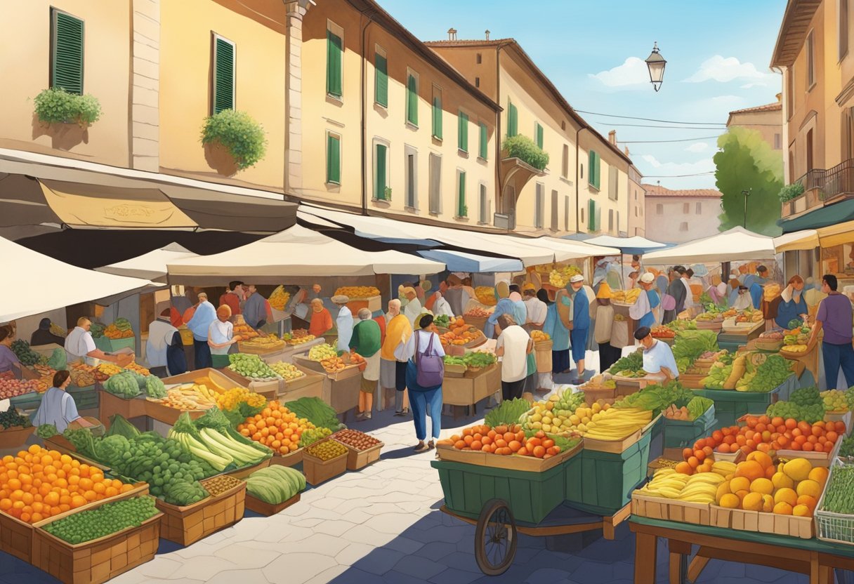 Un vivace mercato all'aperto a Faenza, con bancarelle colorate stracolme di ingredienti freschi, locali e di stagione. I venditori e i clienti interagiscono tra l'esplosione vibrante di frutta, verdura e altre delizie culinarie.