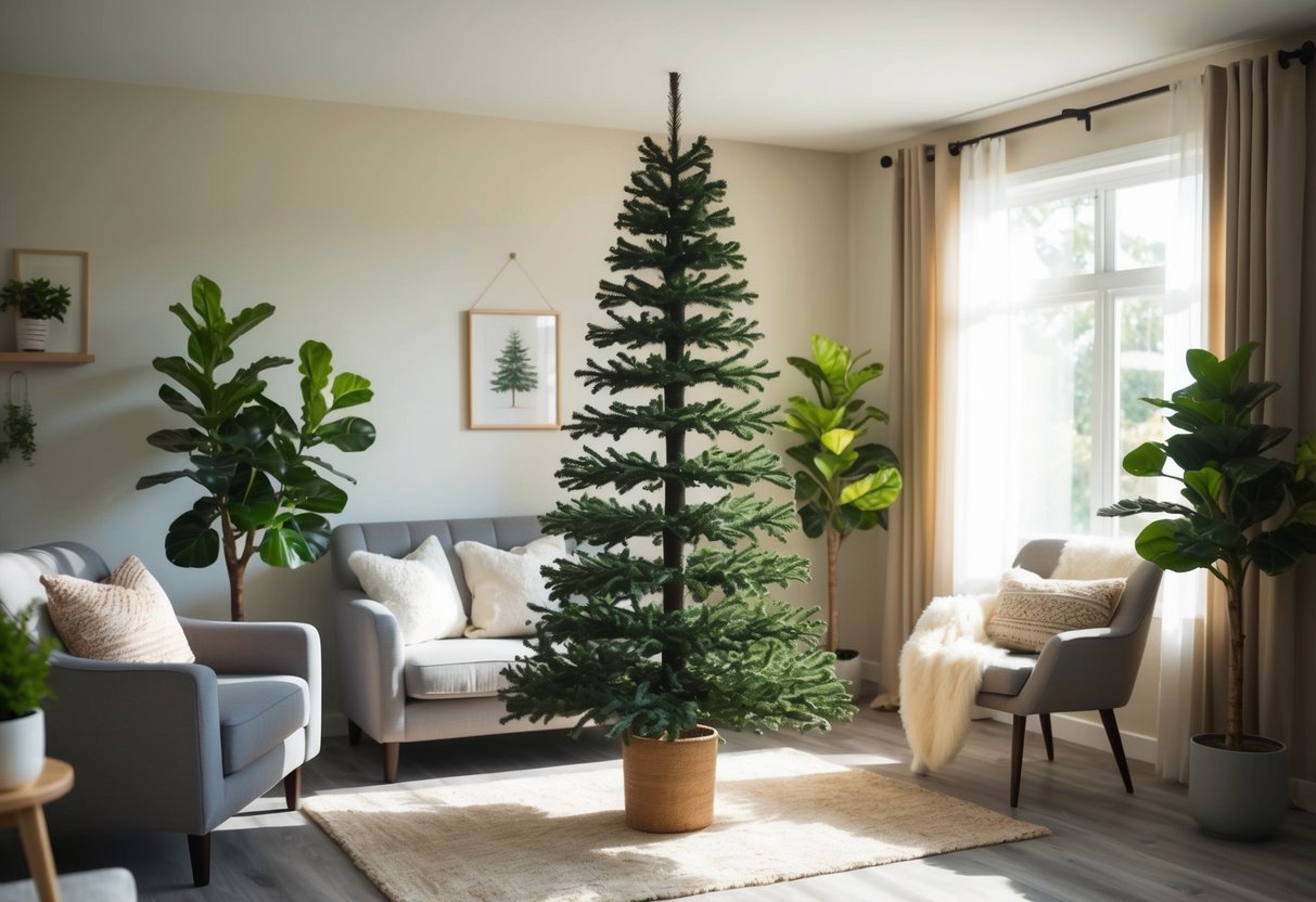 A tall indoor fake tree stands in a sunlit room, surrounded by cozy furniture and potted plants