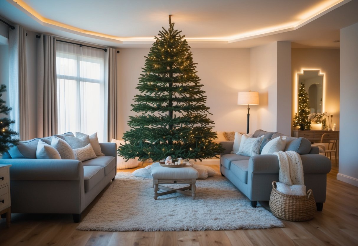 A cozy living room with a large indoor fake tree, surrounded by comfortable furniture and soft lighting