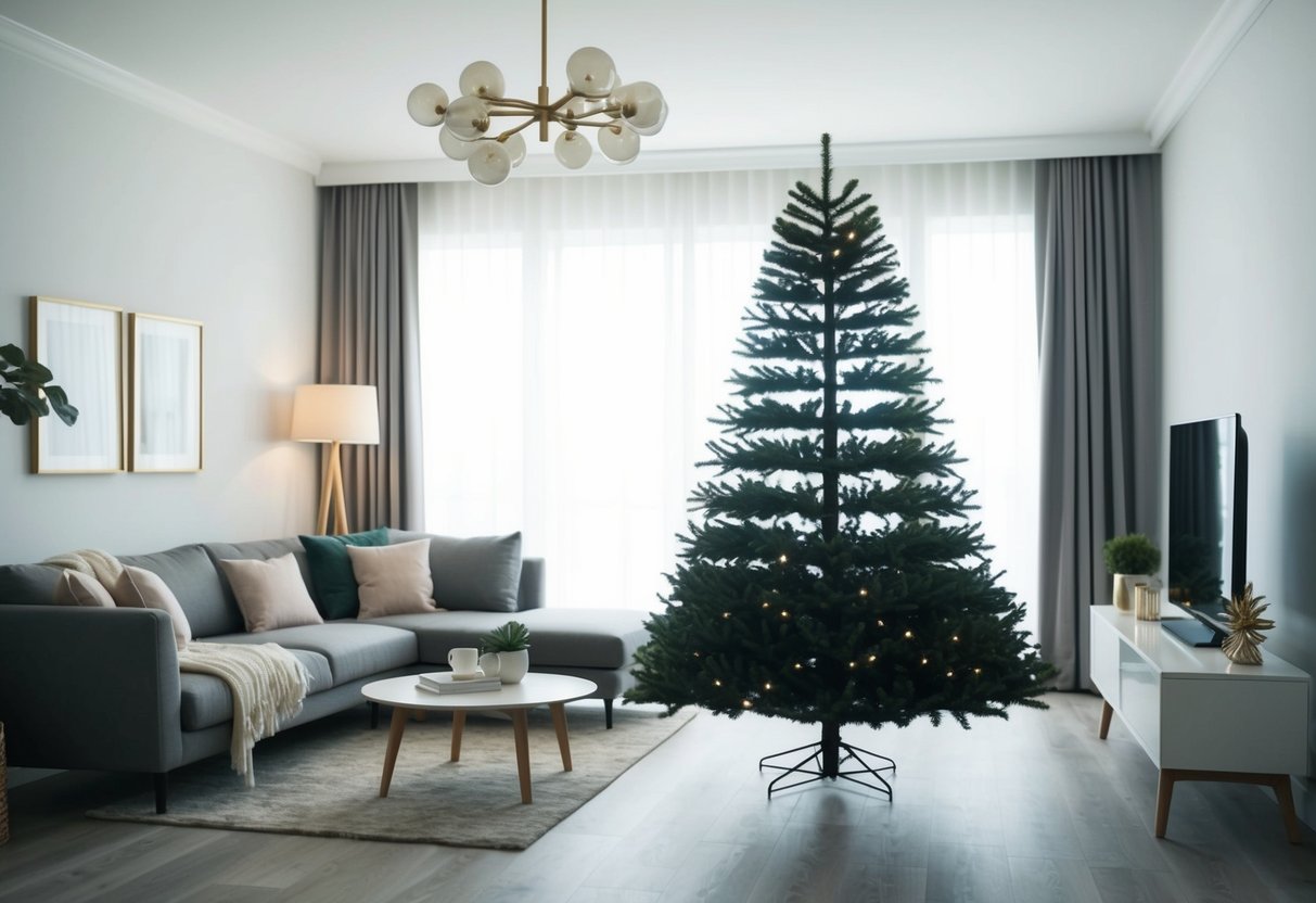 An indoor fake tree stands tall in a modern living room, surrounded by stylish furniture and soft lighting