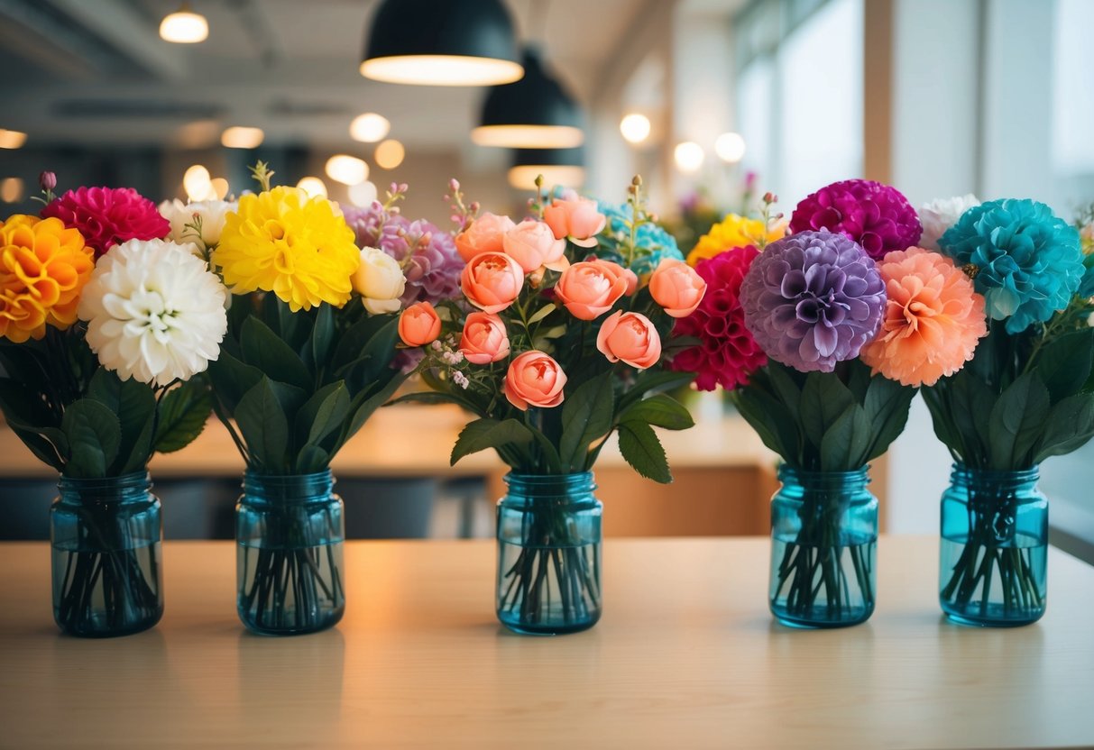 A table with various fake flower bunches in different colors and sizes