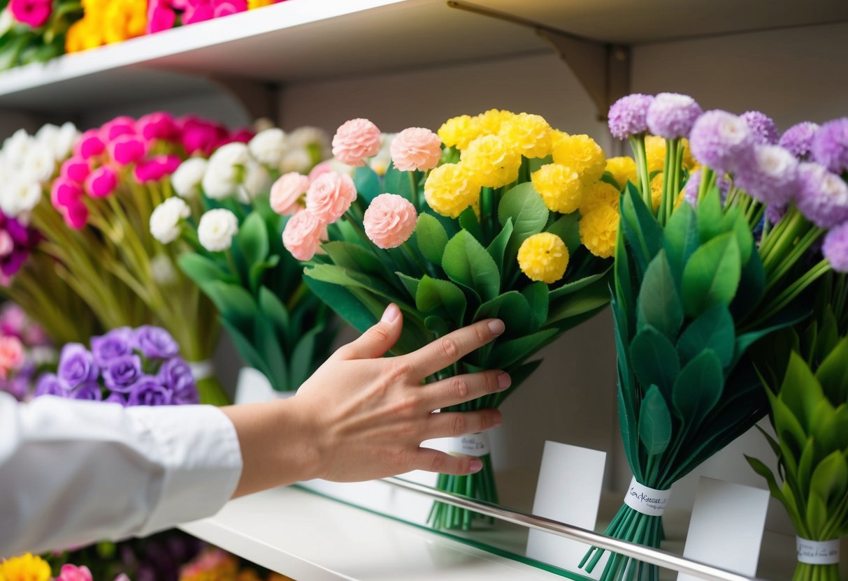 A hand reaches for a colorful array of fake flower bunches on a shelf