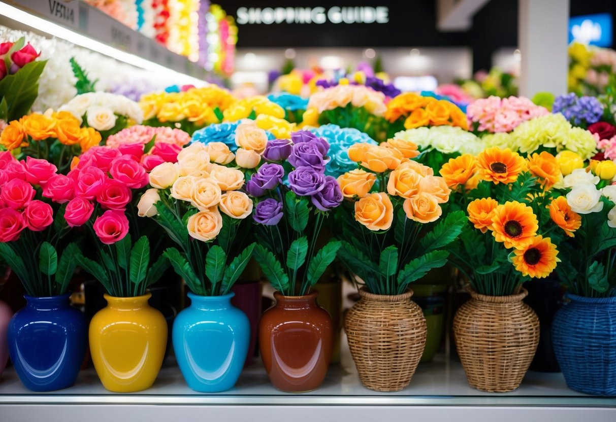 A display of colorful fake flower bunches arranged in a variety of vases and baskets at a shopping guide store