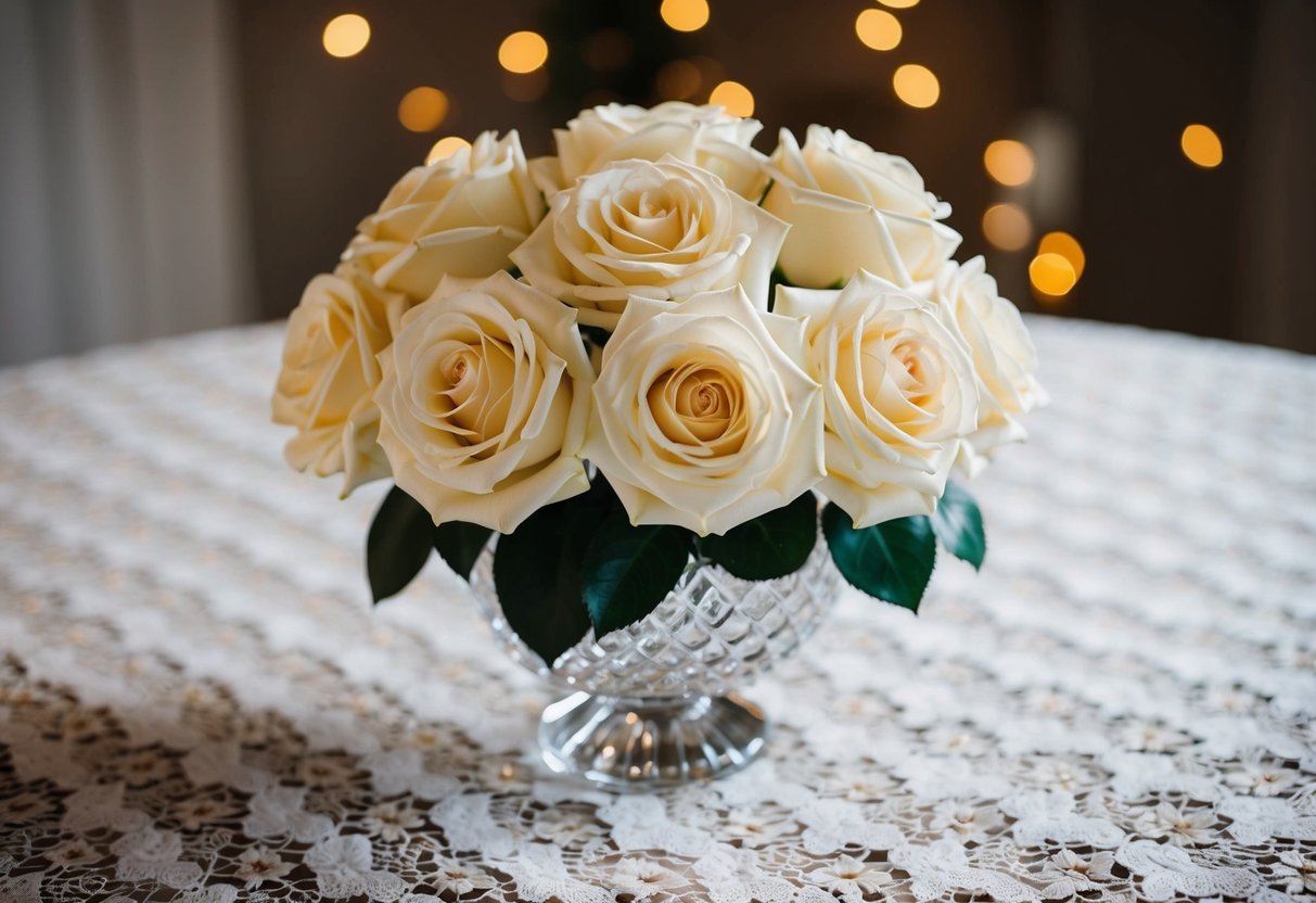 A bouquet of silk roses in a crystal vase on a lace tablecloth