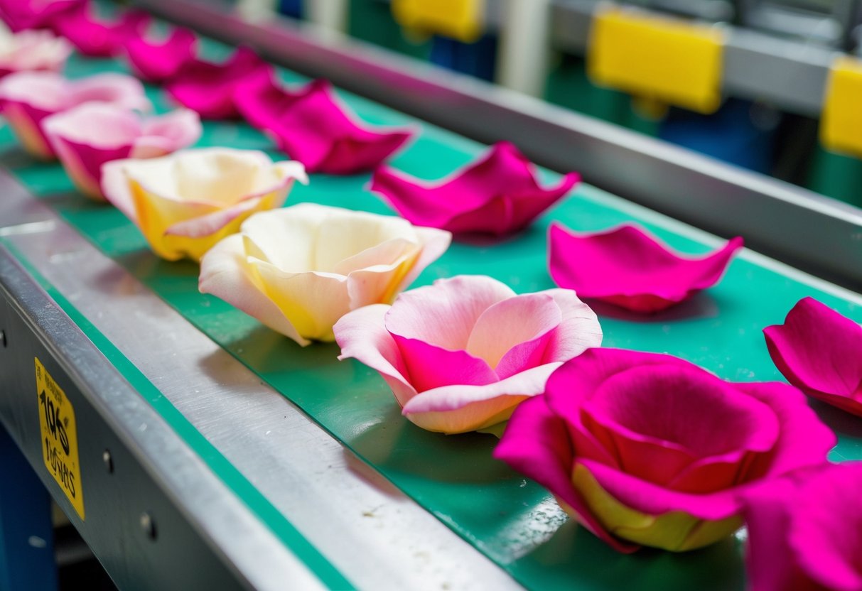 Silk rose petals being cut, shaped, and assembled into lifelike flowers on a production line