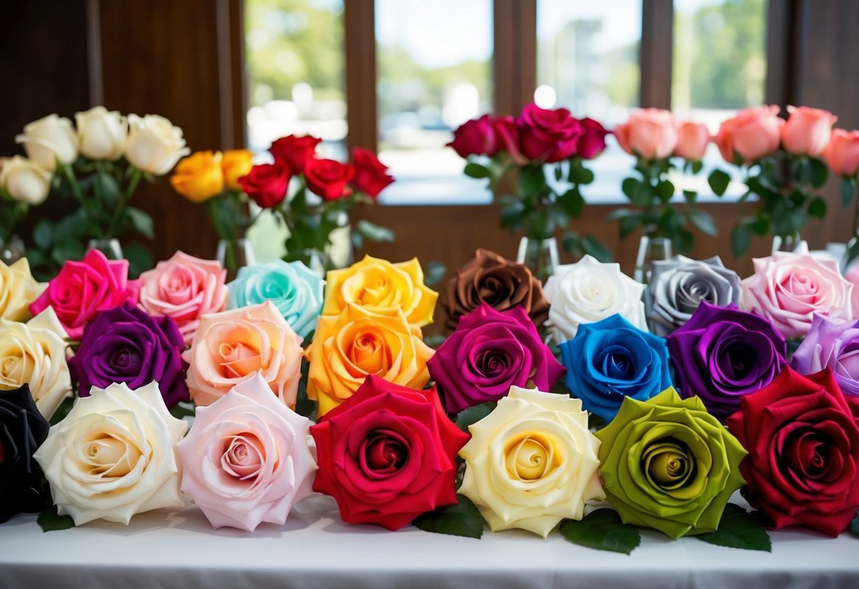 A display of various silk roses in different colors and sizes arranged on a table