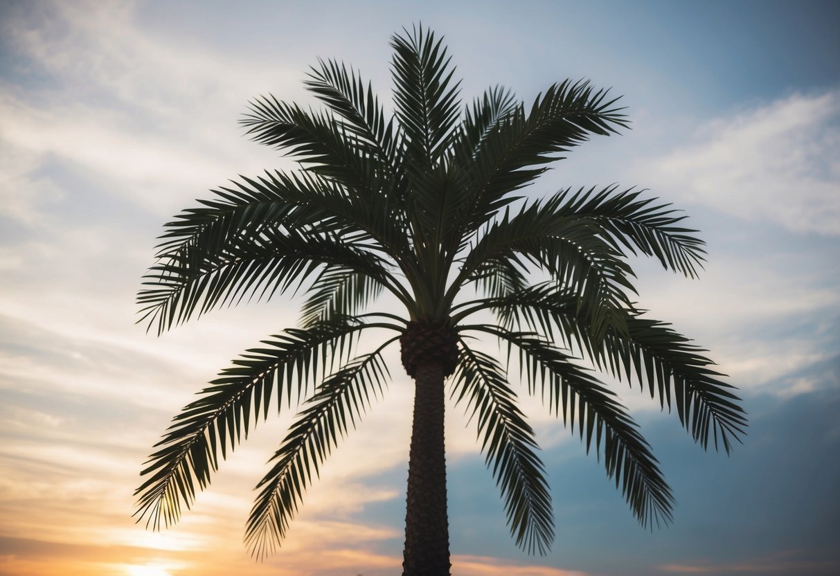 A faux palm tree stands tall against a sunset sky, its fronds swaying gently in the breeze