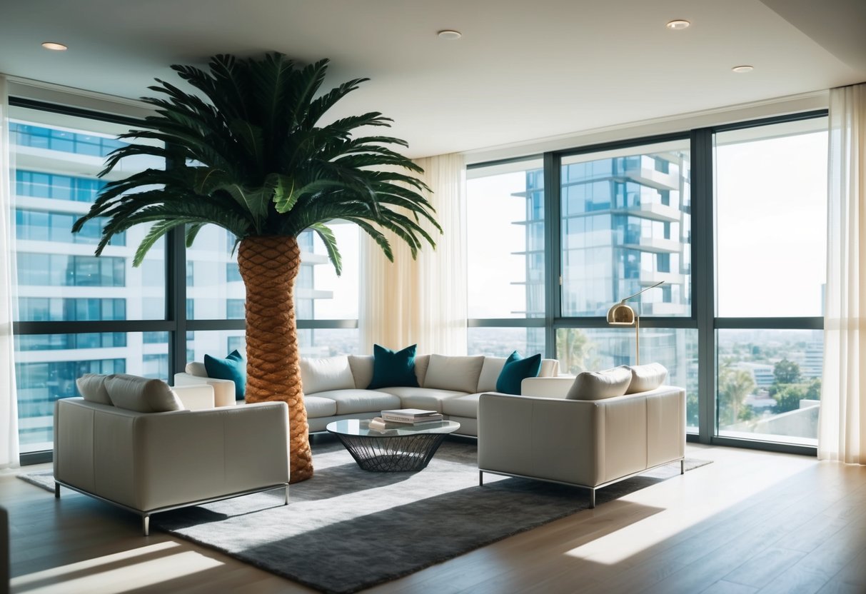 A modern living room with a large faux palm tree in the corner, surrounded by sleek furniture and natural light streaming in through the windows