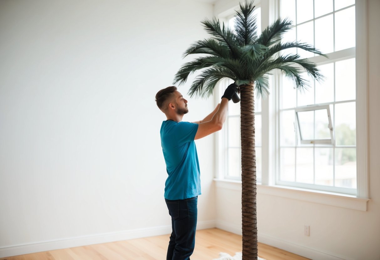 A person dusts and trims a faux palm tree in a bright, airy room with a large window