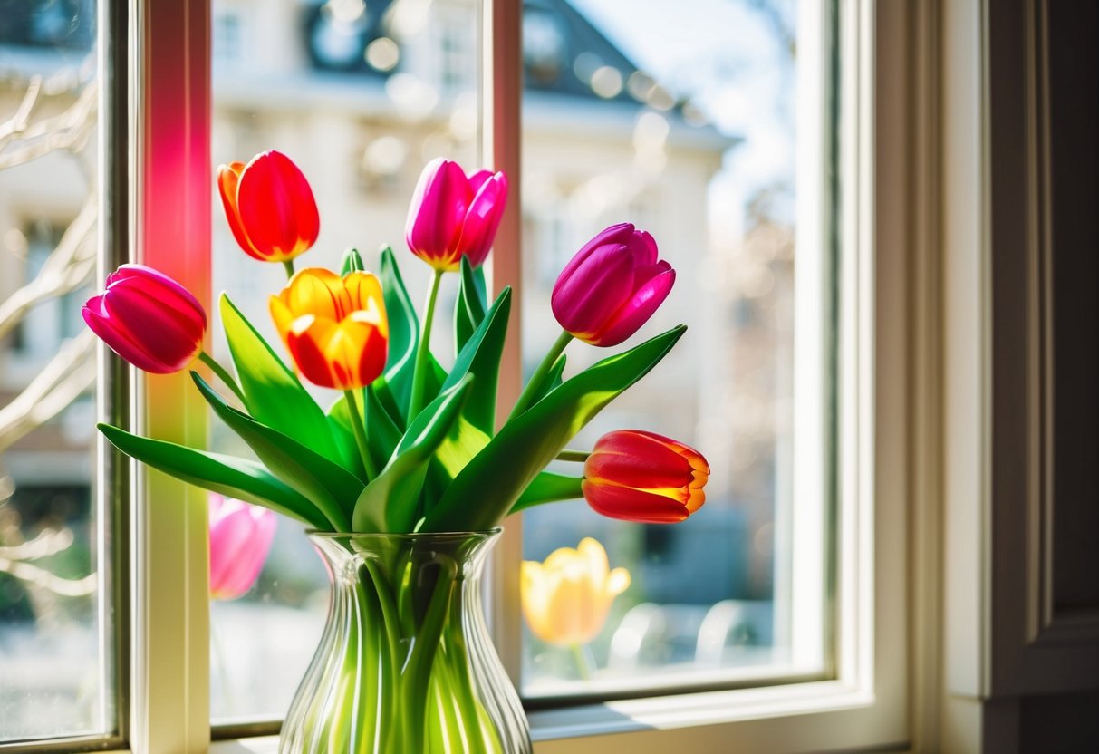 A vase of vibrant silk tulips on a sunlit windowsill