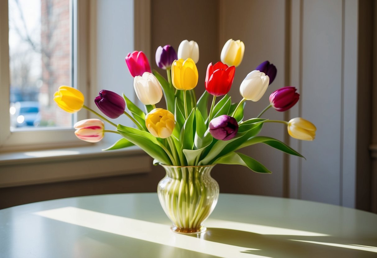 A table adorned with silk tulips in various colors, arranged in a vase. Sunlight streams through a nearby window, casting a warm glow on the delicate petals