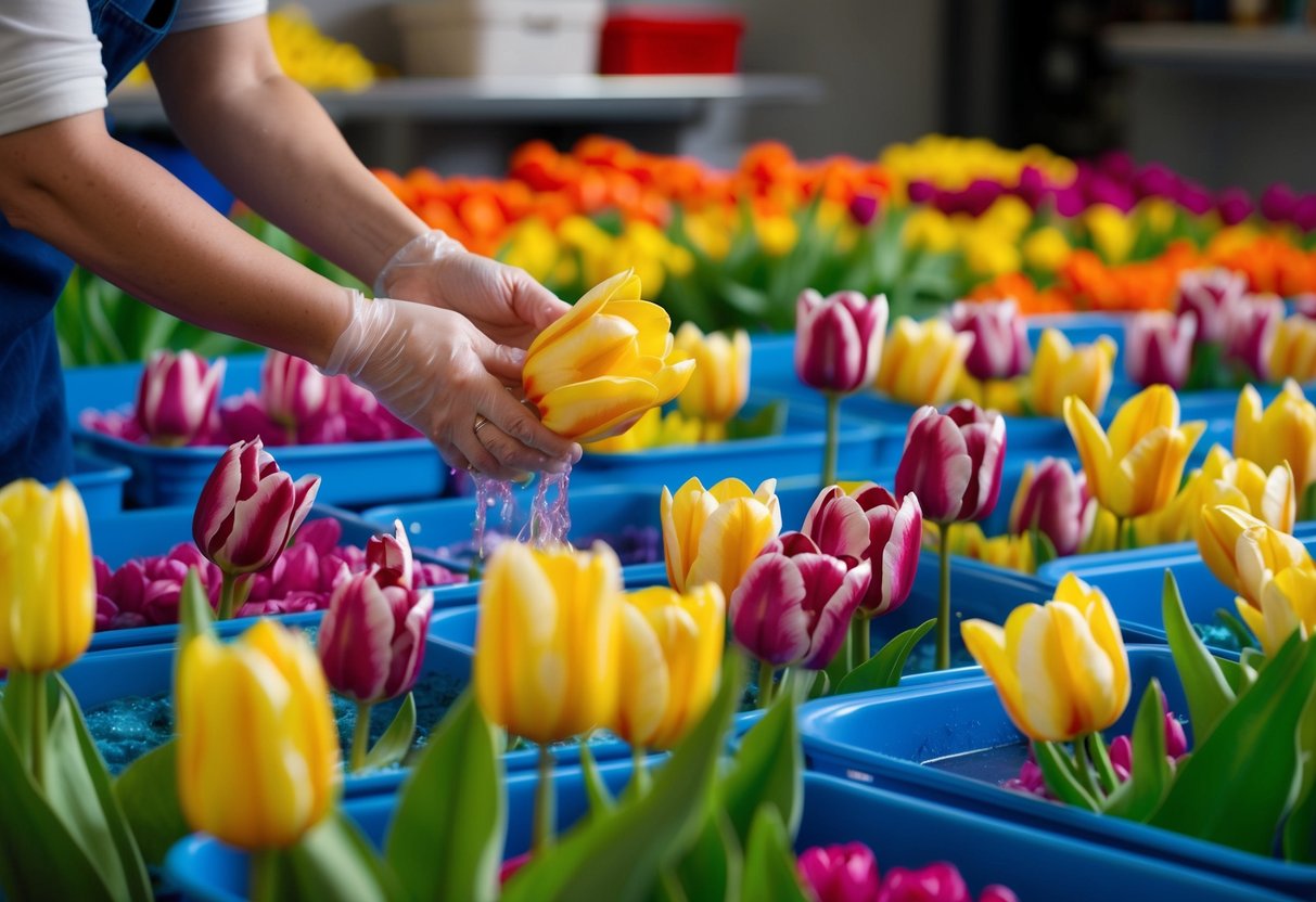 Silk tulips being dyed in vats of vibrant colors, then carefully assembled and shaped by hand to create lifelike blooms