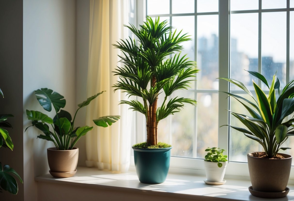 An artificial ficus stands in a sunlit corner, surrounded by potted plants and soft, natural light streaming through the window