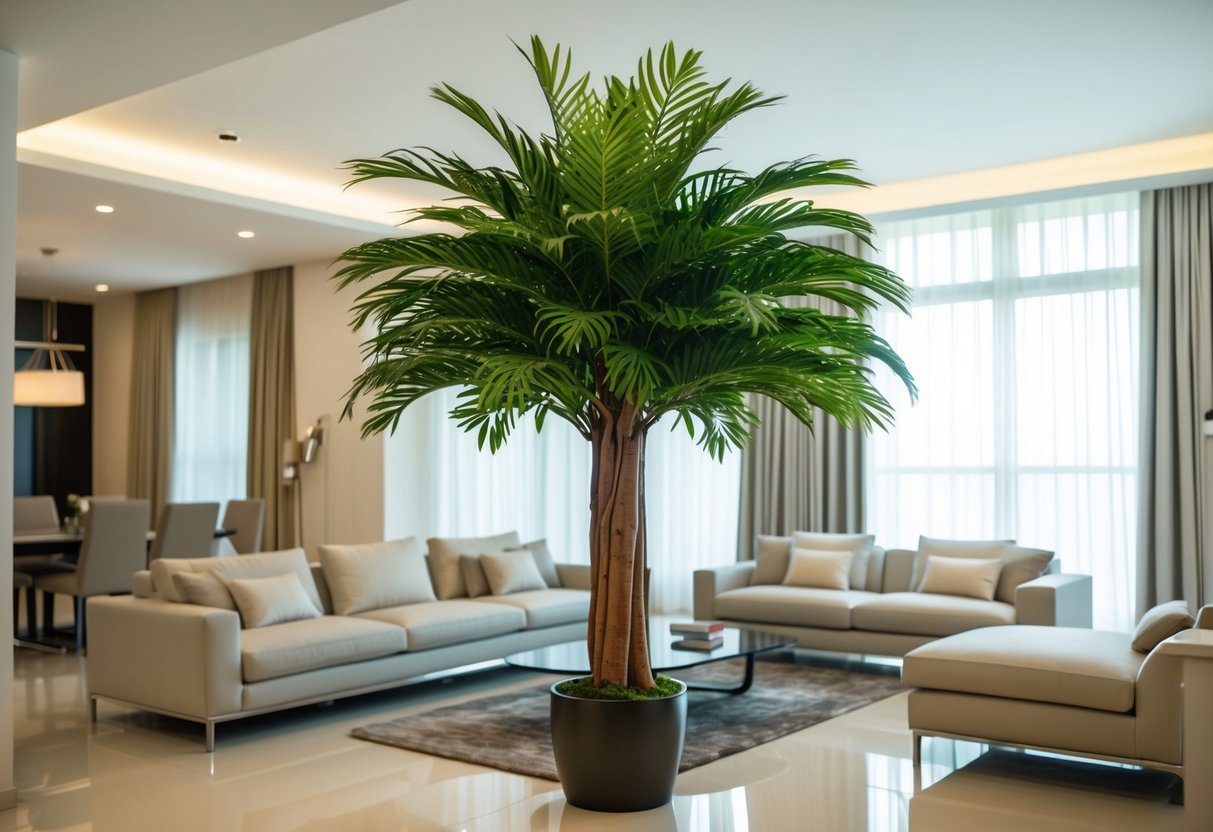 A lifelike artificial ficus tree stands in a modern living room, surrounded by sleek furniture and soft lighting