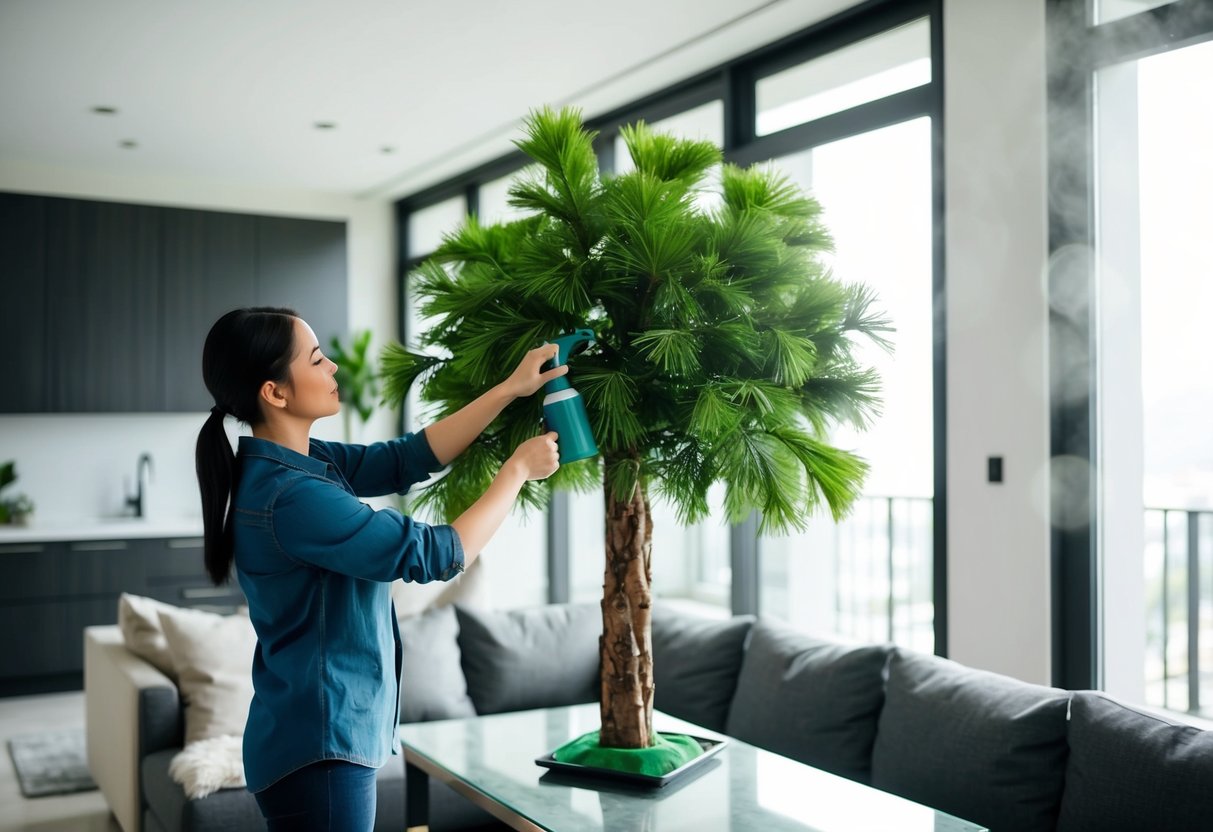 A person dusts and trims an artificial ficus tree in a modern living room