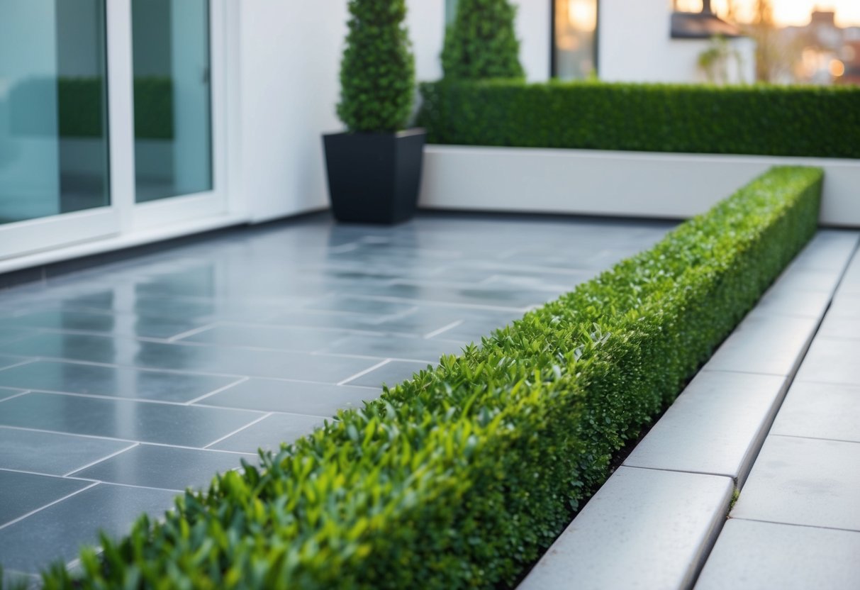 A neatly trimmed artificial hedge lines the edge of a modern urban patio, creating a clean and polished aesthetic