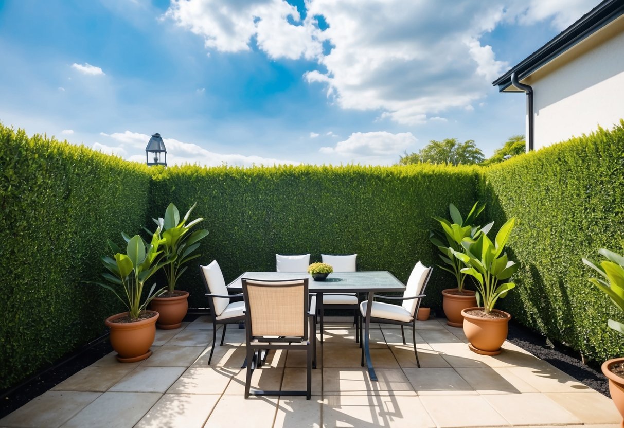 A patio surrounded by artificial hedging, with potted plants and outdoor furniture