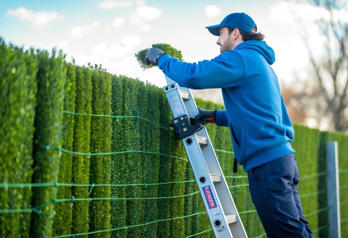 A person using a ladder to install artificial hedging onto a fence