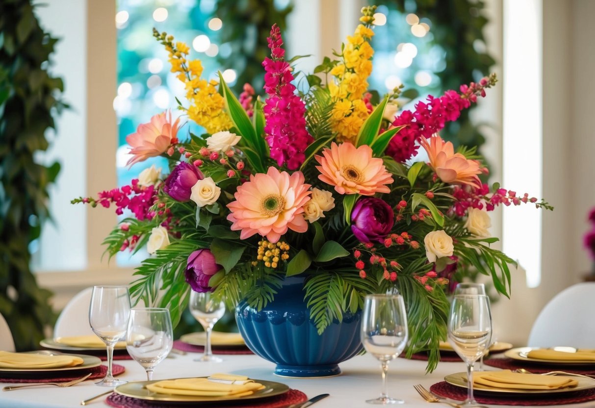 A table adorned with lifelike artificial floral arrangements in vibrant colors