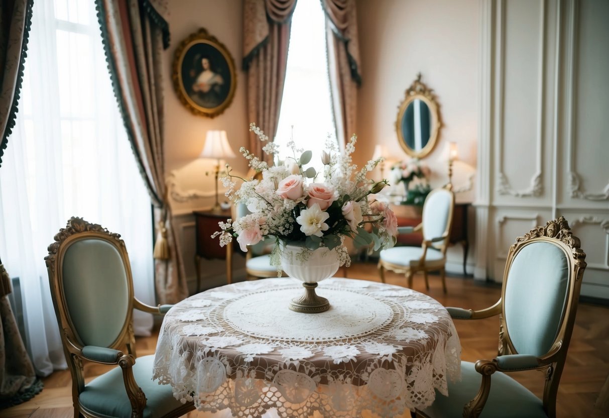 An elegant Victorian parlor with ornate furniture and drapes, featuring a delicate artificial floral arrangement on a lace doily-covered table