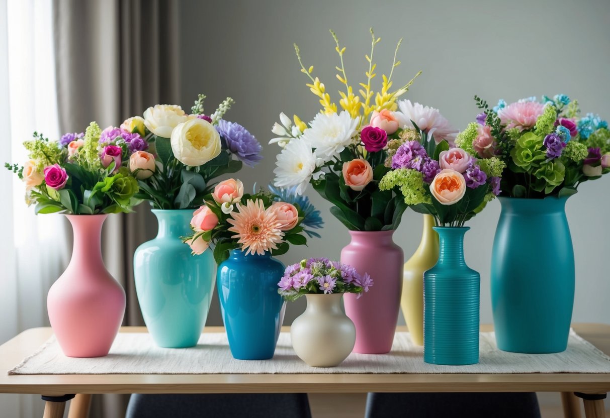 A table with various vases and containers filled with artificial flowers of different colors and sizes, arranged in an artistic and visually appealing manner