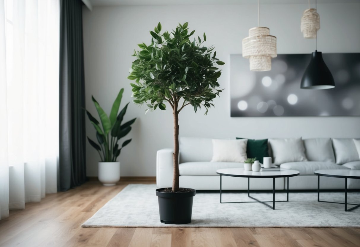 A fake tree plant standing in a modern, minimalist living room